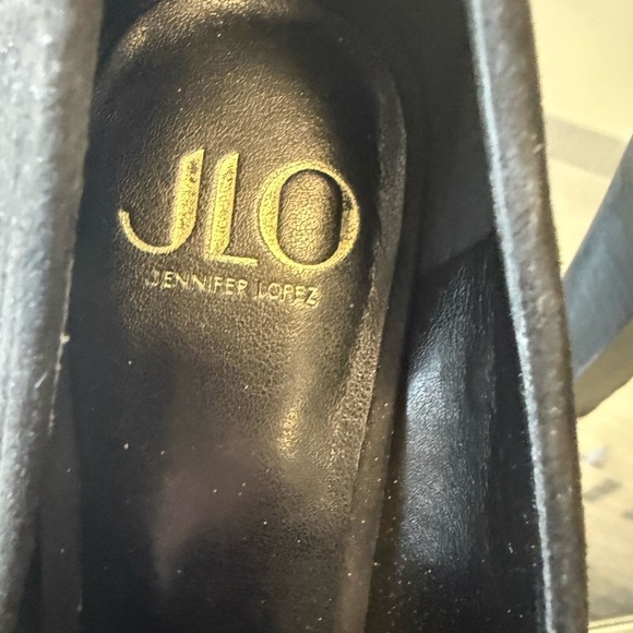 JLo Jennifer Lopez black suede platform high heels front gold chain size 6M - Picture 4 of 15